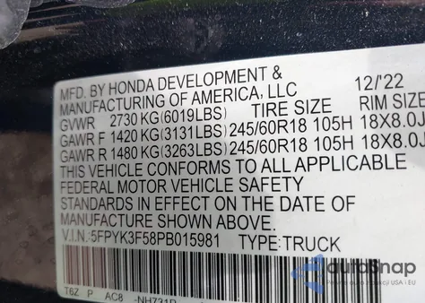 2023 Honda Ridgeline Rtl from USA, damaged, VIN 5FPYK3F58PB015981